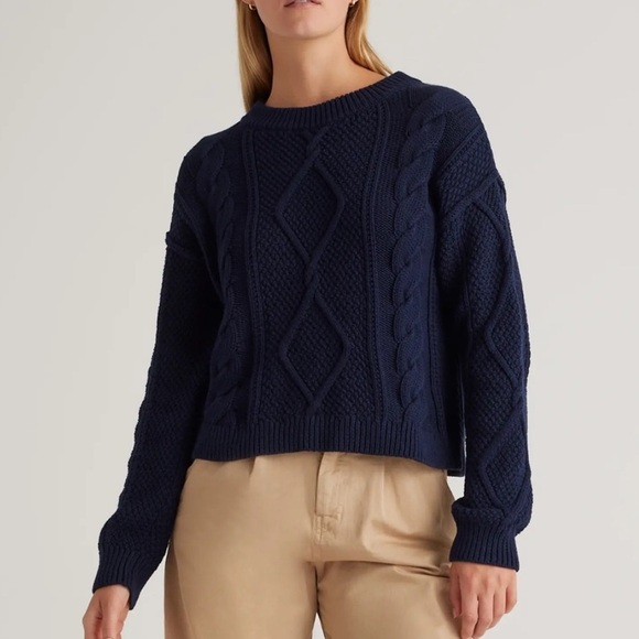 Quince Sweaters - QUINCE 100% Organic Cotton Cropped Cable Knit navy Blue Sweater Small